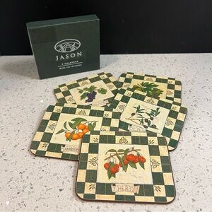 JASON European Fruit Themed 4" Cork Back Coasters Set of 5 w Original Box